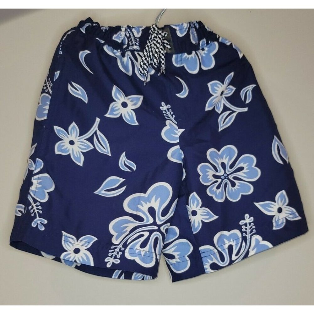 Land's End Series Blue White tropical print board shorts, size 4-5T, pre-owned